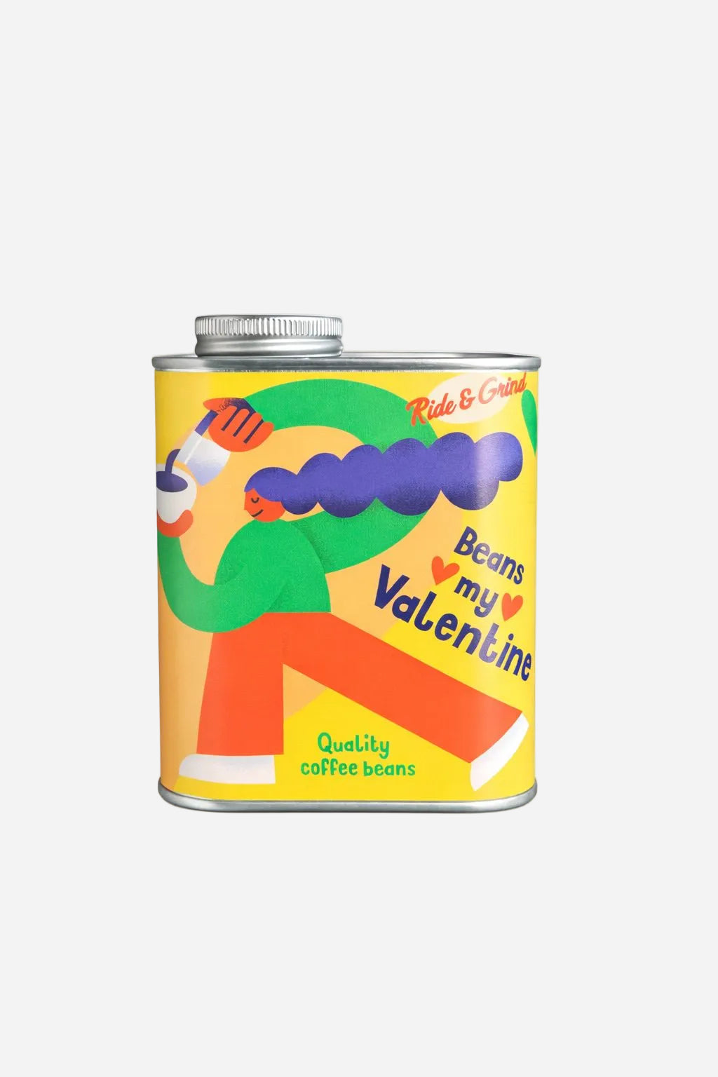 Colorful coffee can with artistic design and text on a white background