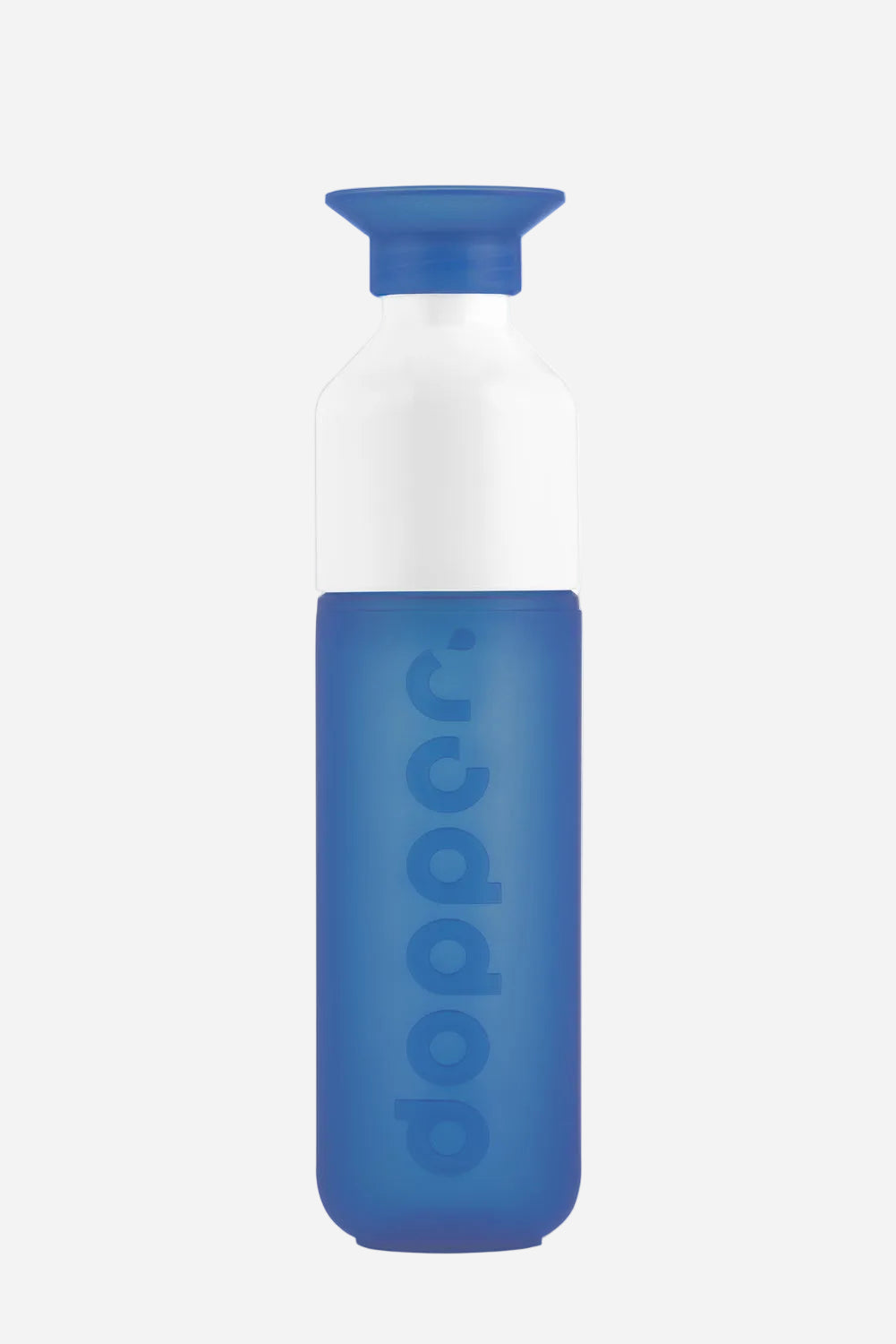 Blue and white Dopper water bottle on a white background