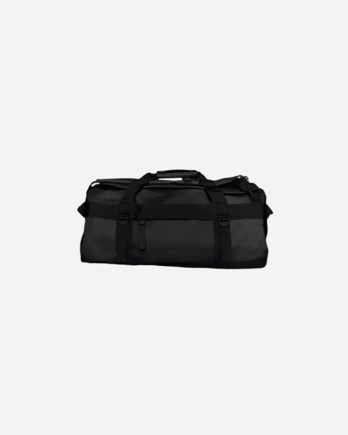 Black duffel bag on a white background