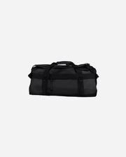 Black duffel bag on a white background