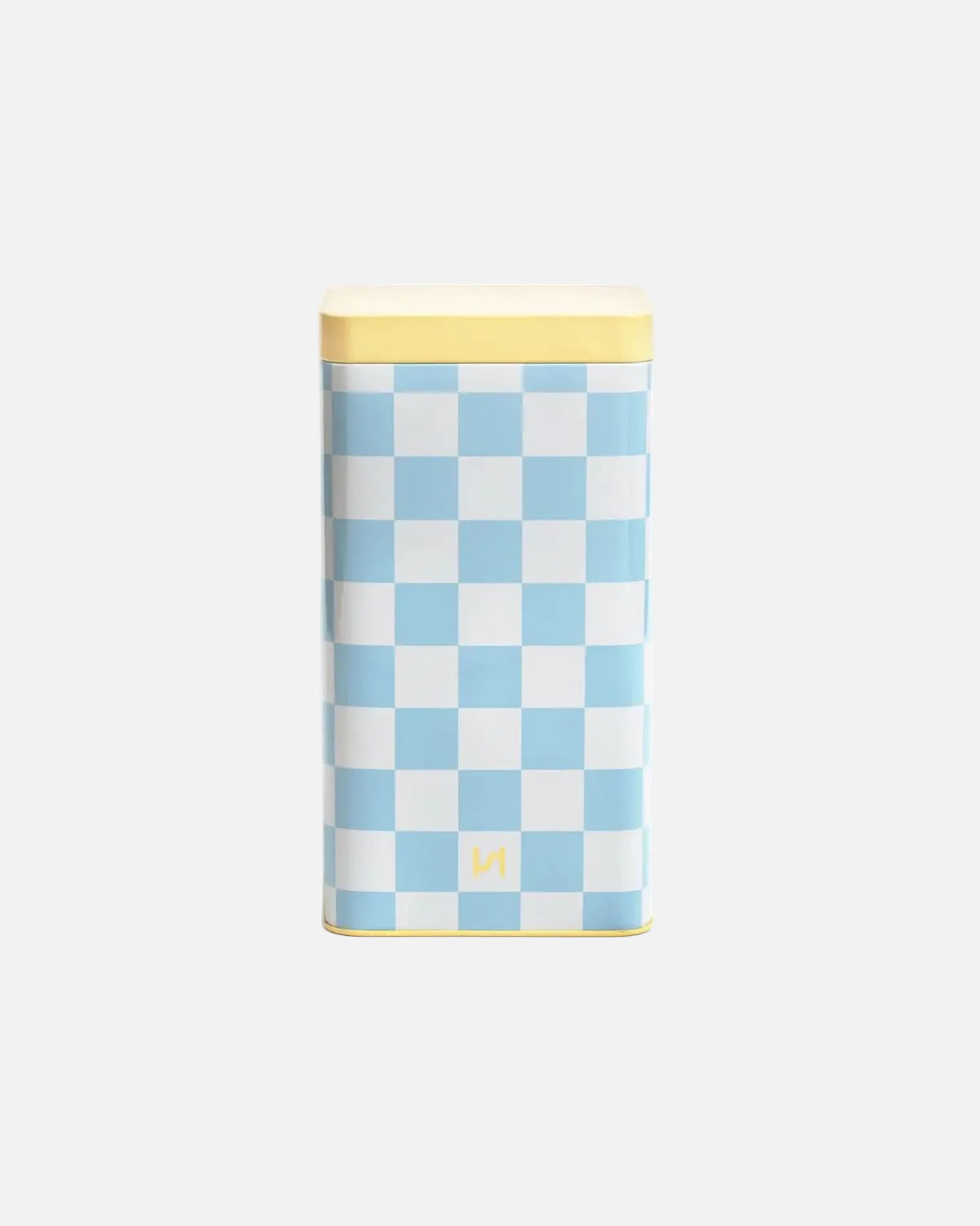 A rectangular metal tin with a light blue and white checkerboard pattern, featuring a pale yellow lid and bottom trim, set against a plain white background.