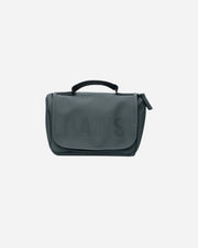 Blue toiletry bag with 'RAINS' branding on a white background