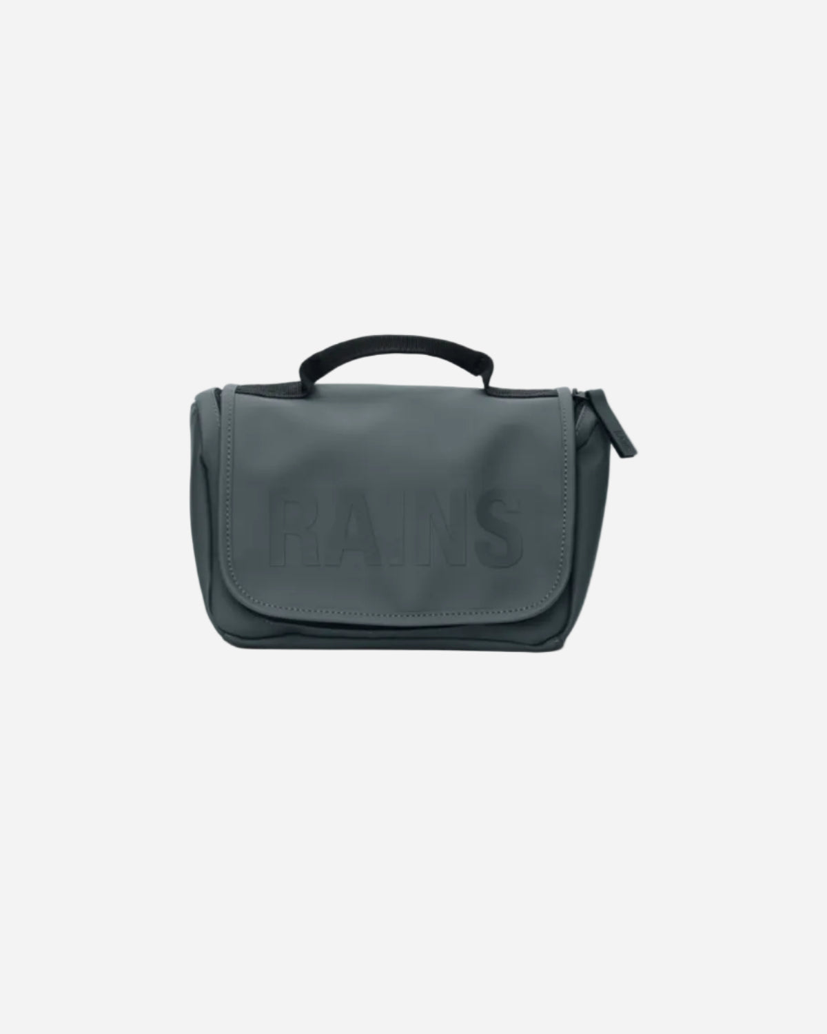 Blue toiletry bag with 'RAINS' branding on a white background