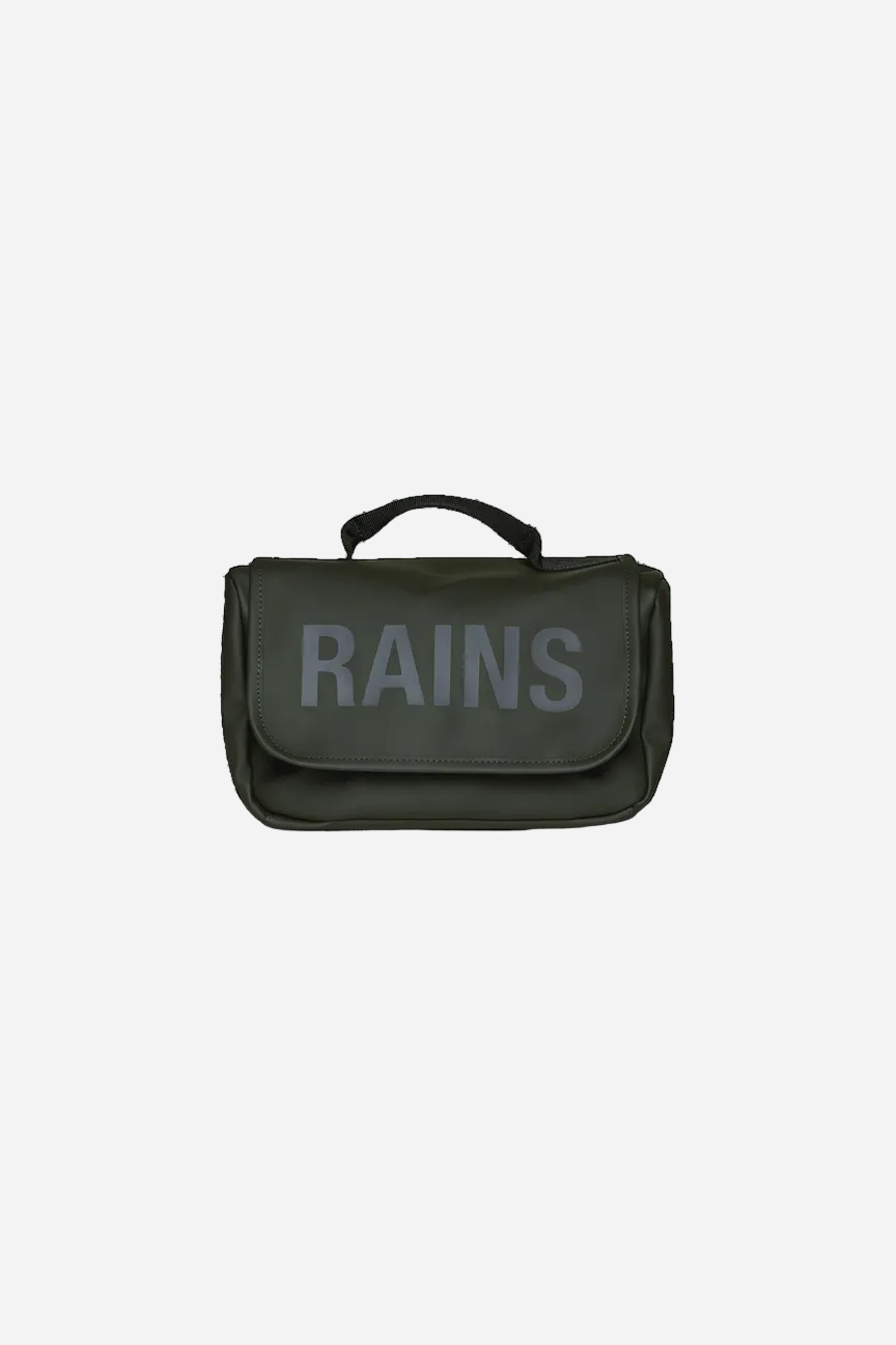 Green bag with 'RAINS' branding on a transparent background