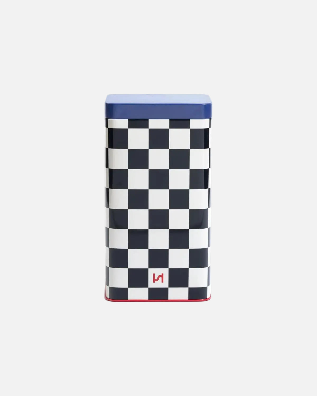 A rectangular metal tin with a black and white checkerboard pattern, a blue top lid, and a small red logo near the bottom, set against a plain white background.