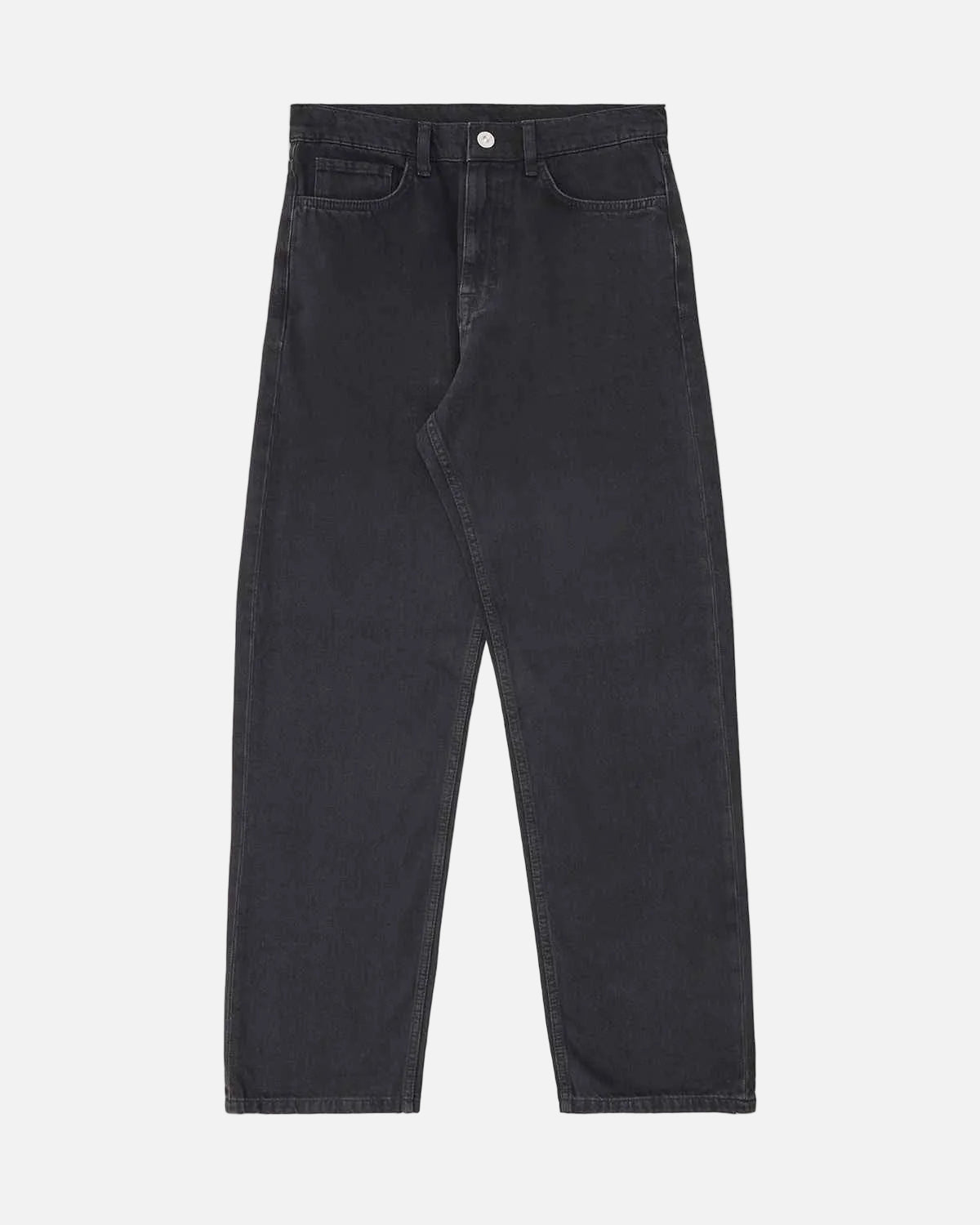 A pair of dark charcoal gray slim-fit jeans laid flat against a light off-white background.