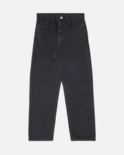 A pair of dark charcoal gray slim-fit jeans laid flat against a light off-white background.