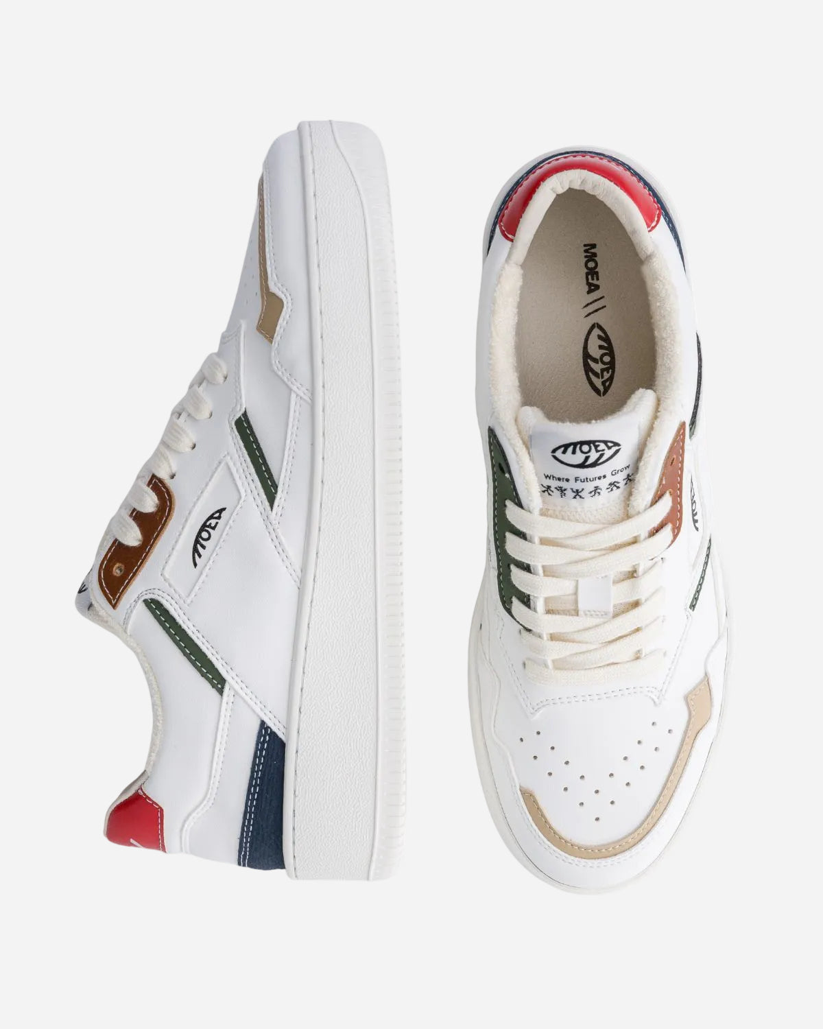 White sneakers with multicolor accents on a white background