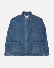A blue denim utility jacket with a button-up front, pointed collar, one chest pocket, and two large front patch pockets, shown flat against a white background.