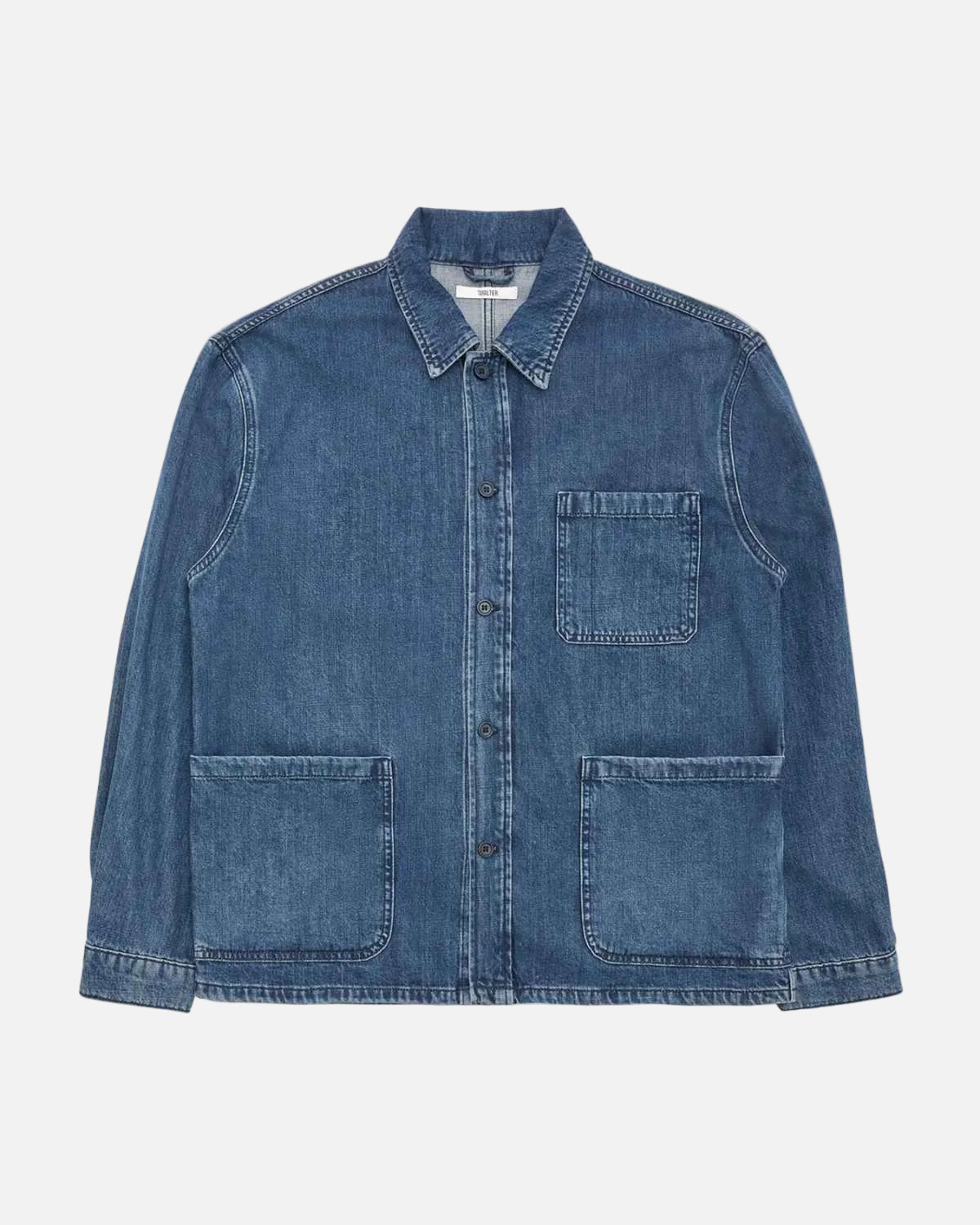 A blue denim utility jacket with a button-up front, pointed collar, one chest pocket, and two large front patch pockets, shown flat against a white background.