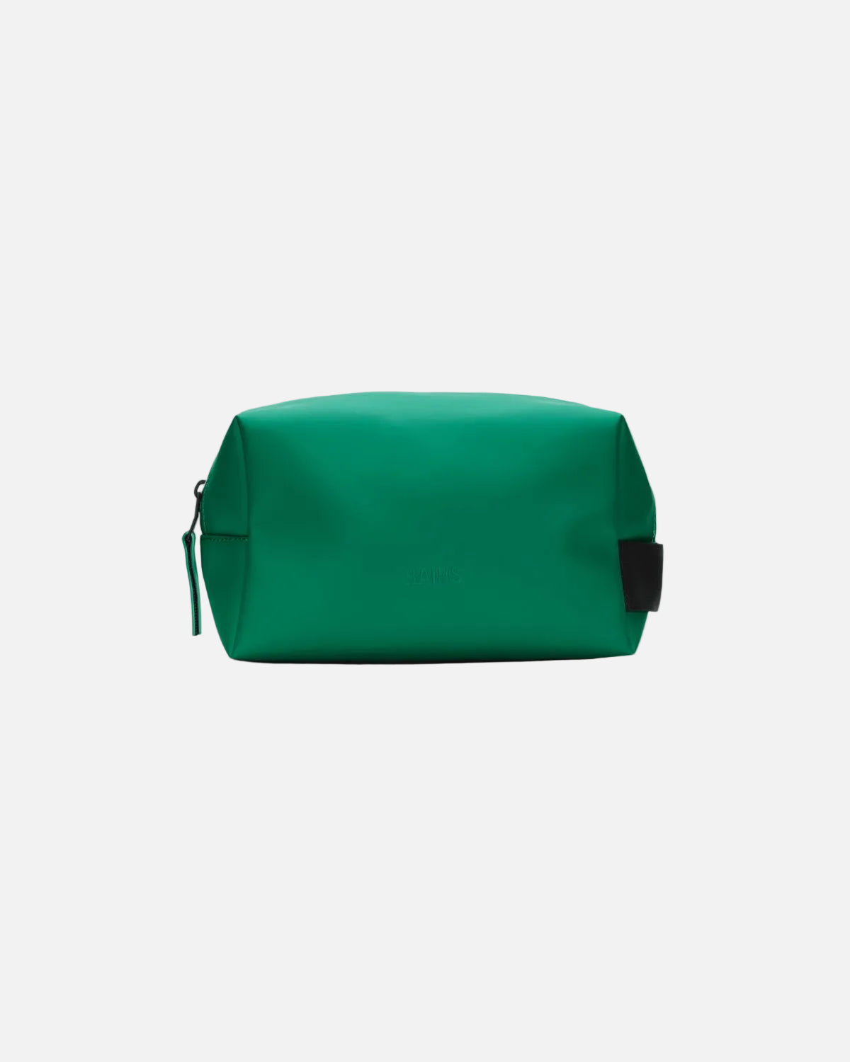 A green zippered cosmetic pouch with a small black side tab, photographed on a plain white background.