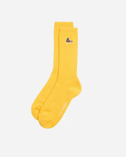 Yellow sock with a small logo on a white background