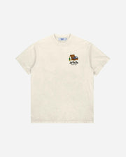 Beige t-shirt with a small graphic and text on a white background