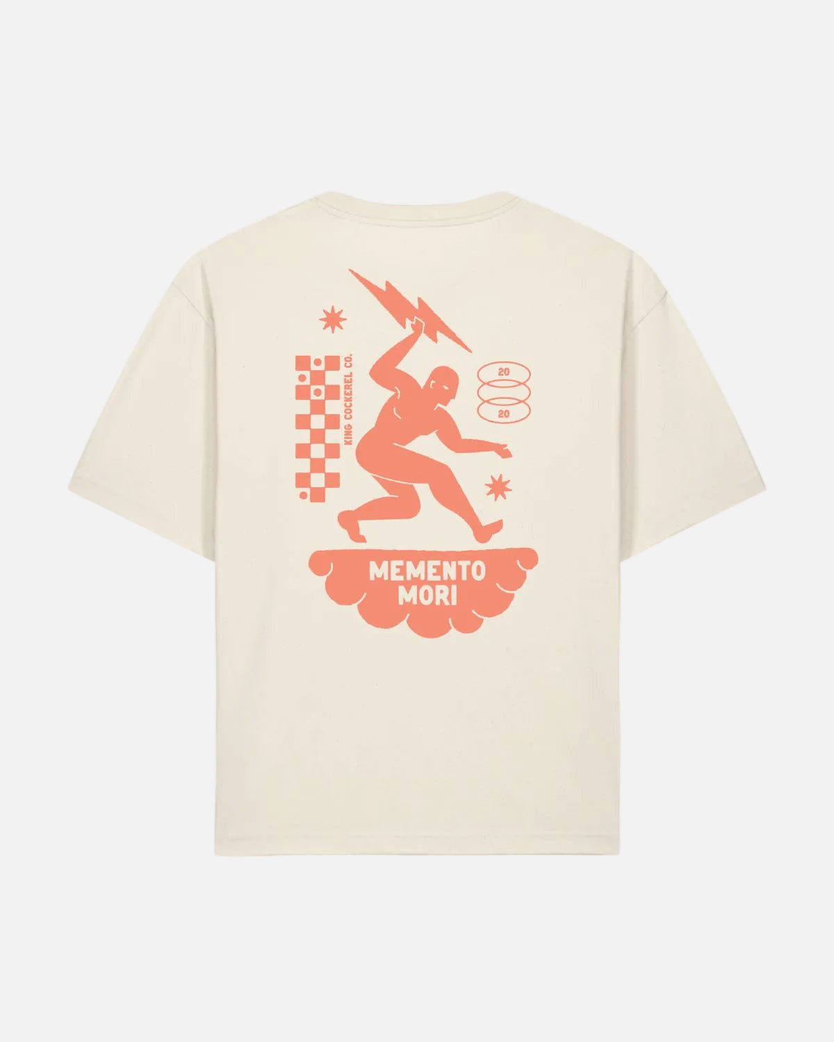 An off-white short-sleeve t-shirt showing the back graphic print in a coral-orange color. The graphic features a running figure, a lightning bolt, a checkered pattern, a stack of coins, and the text 'MEMENTO MORI'.