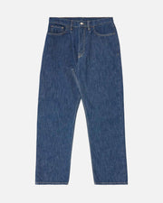 A pair of classic blue denim jeans with a straight-leg fit, laid flat against a light off-white background.