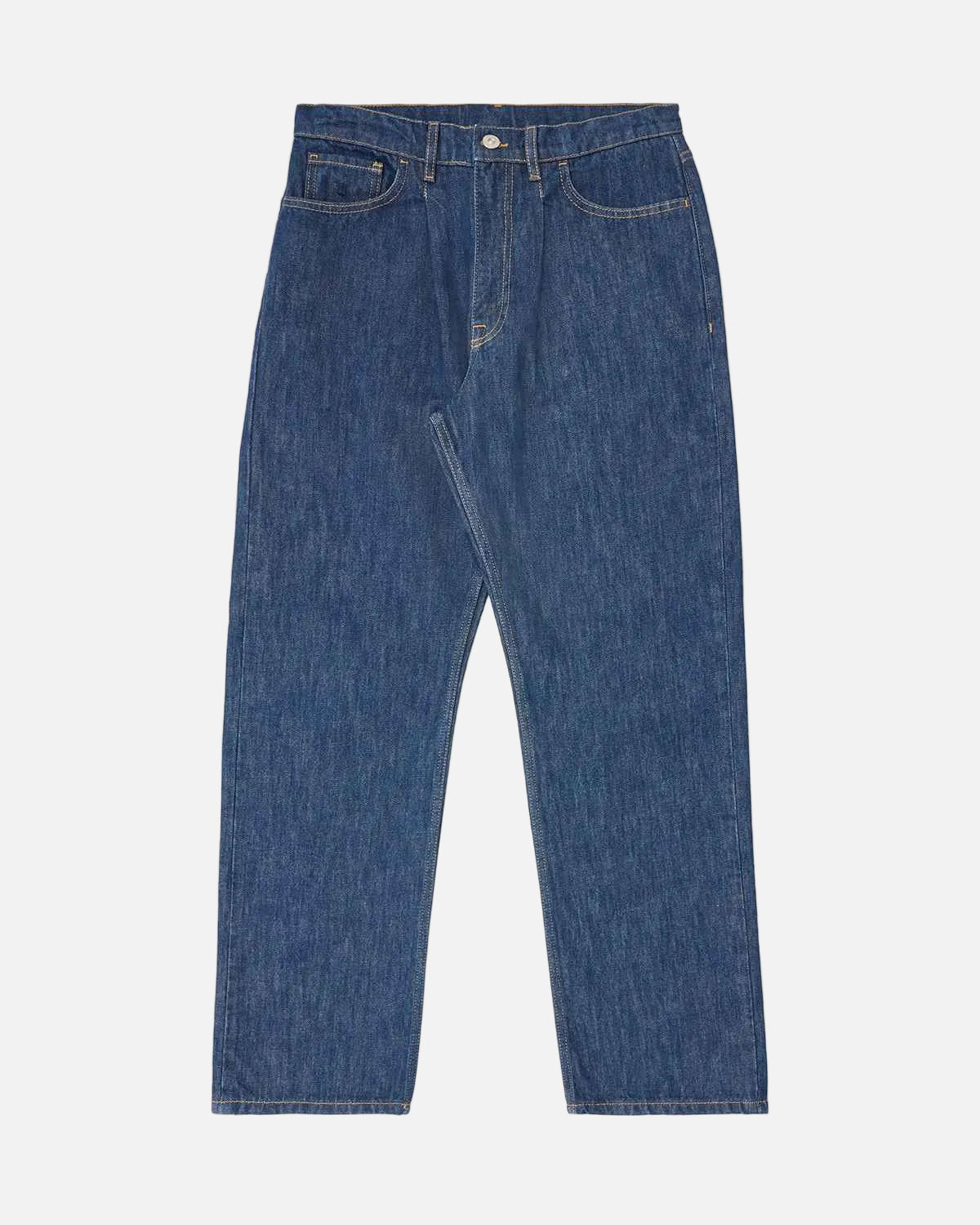 A pair of classic blue denim jeans with a straight-leg fit, laid flat against a light off-white background.