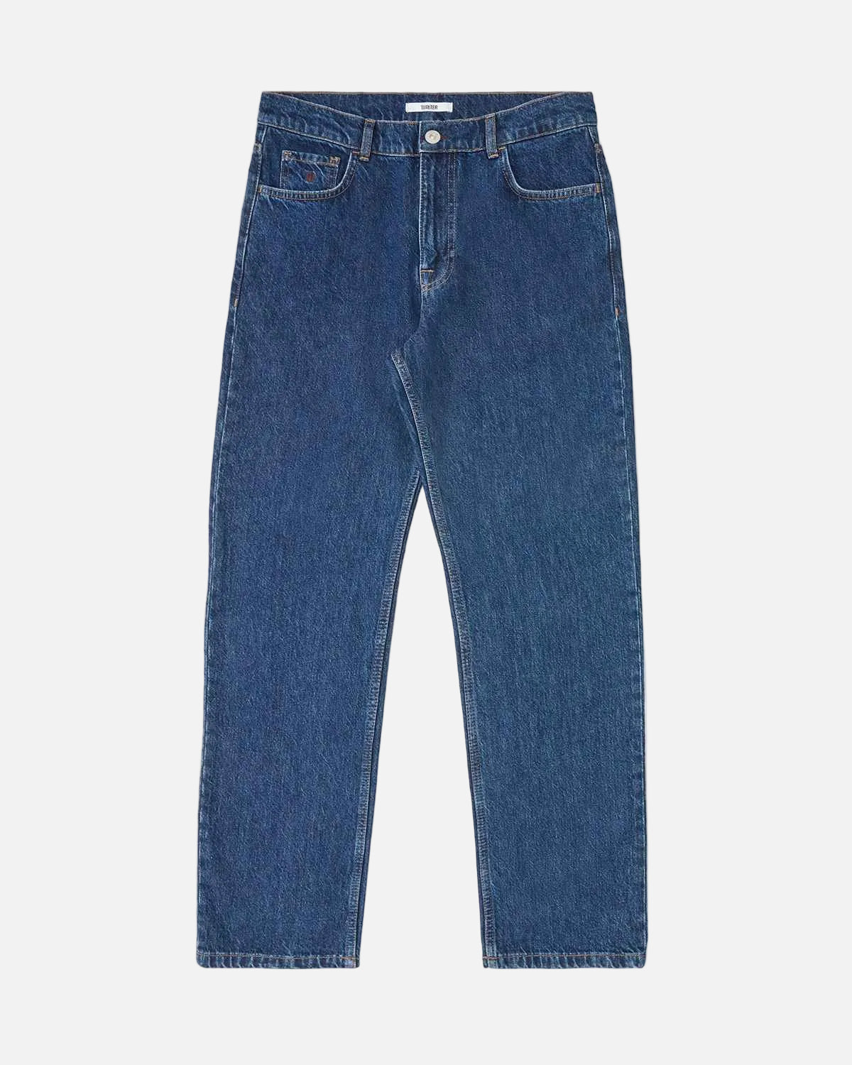 A pair of medium-wash blue denim jeans with a straight-leg fit, displayed flat against a light off-white background.