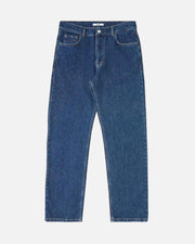 A pair of medium-wash blue denim jeans with a straight-leg fit, displayed flat against a light off-white background.