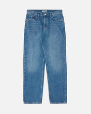A pair of medium-wash blue denim jeans with a straight-leg fit, laid flat against a light off-white background.
