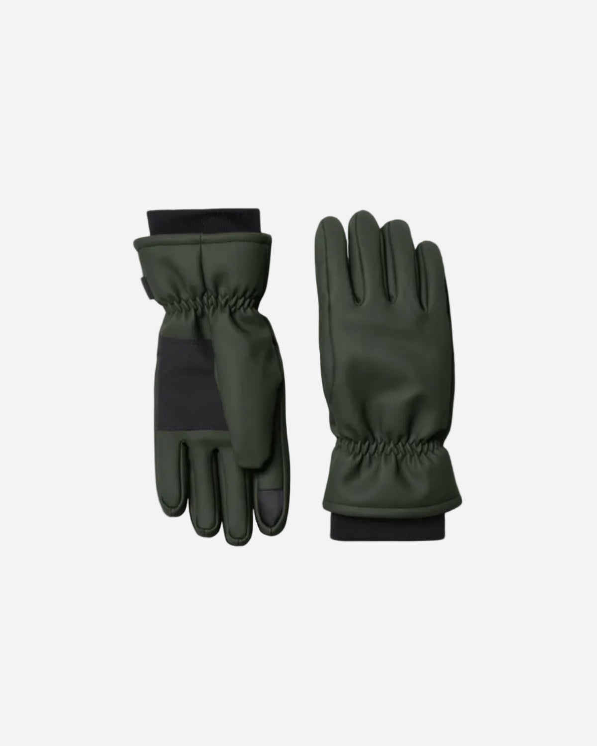 Pair of green gloves with black accents on a white background