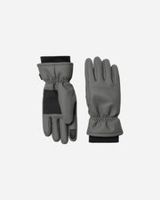 Pair of gray gloves with black accents on a white background