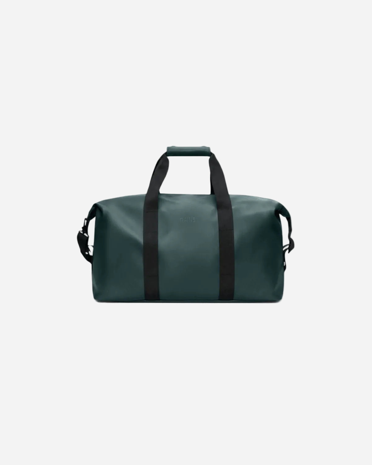 Green duffel bag with black straps on a white background