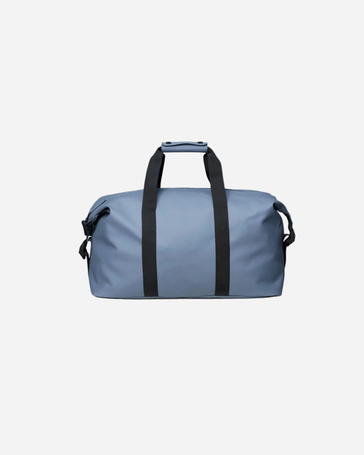 Blue duffel bag with black straps on a white background