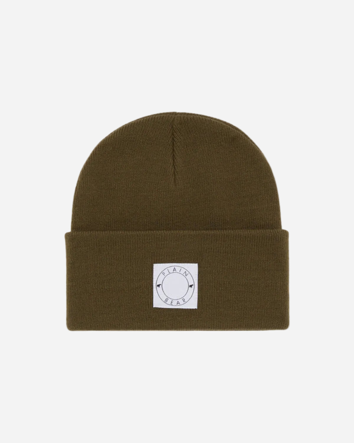 olive green beanie with a white logo patch on a white background