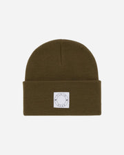 olive green beanie with a white logo patch on a white background