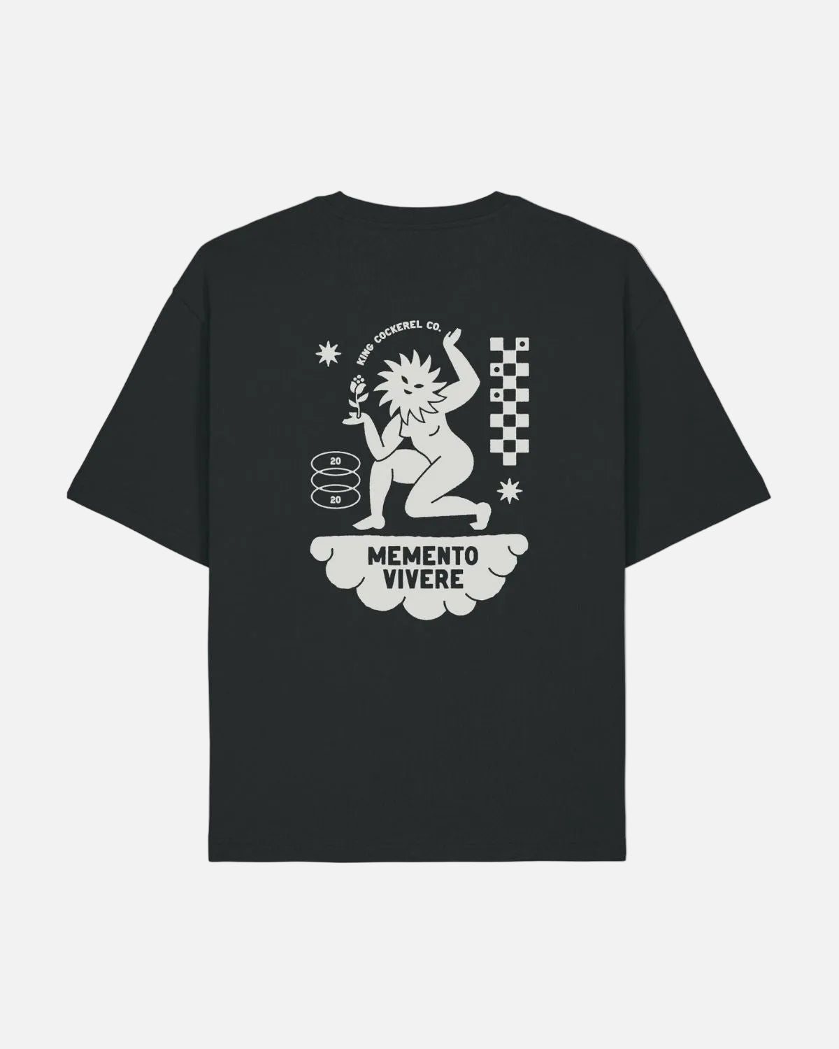 Black t-shirt with a white logo on a white background