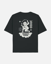 Black t-shirt with a white logo on a white background
