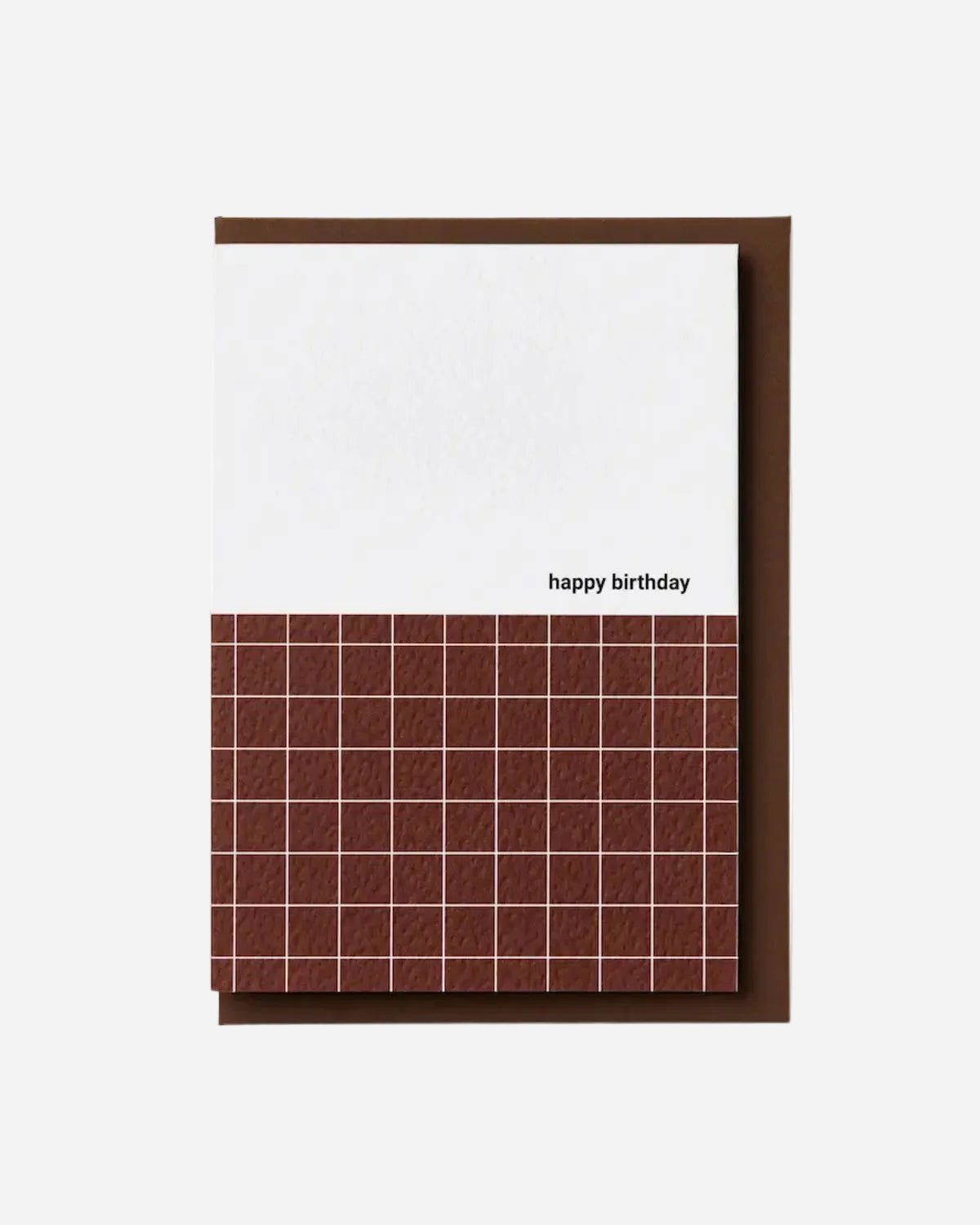 Greeting card with brown grid pattern and 'happy birthday' text on a white background