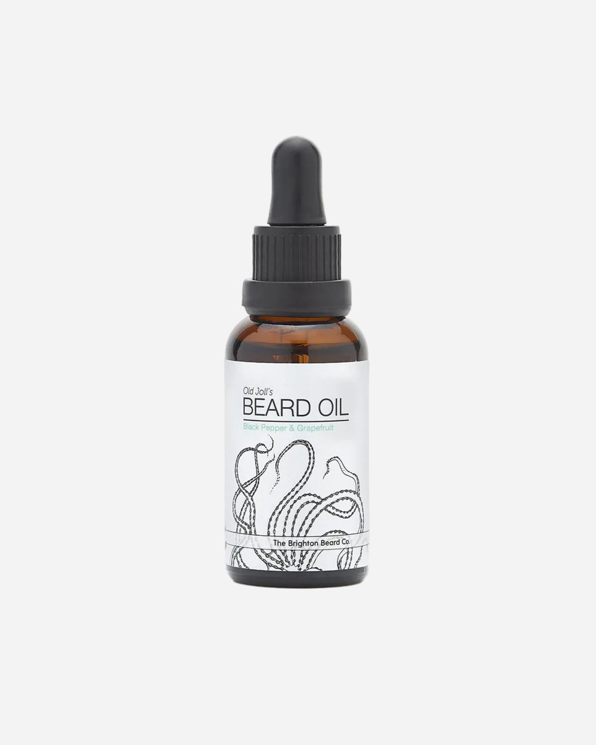 Bottle of beard oil with dropper on a white background
