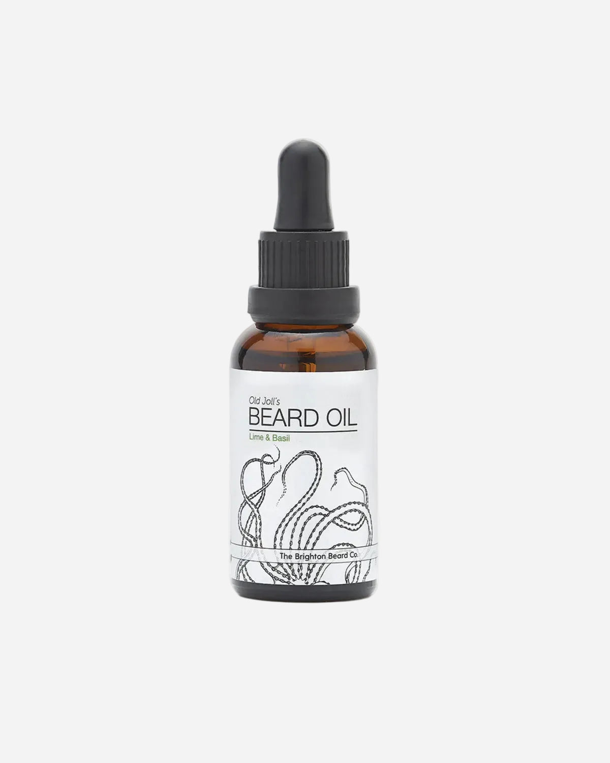 Bottle of beard oil with dropper on a white background