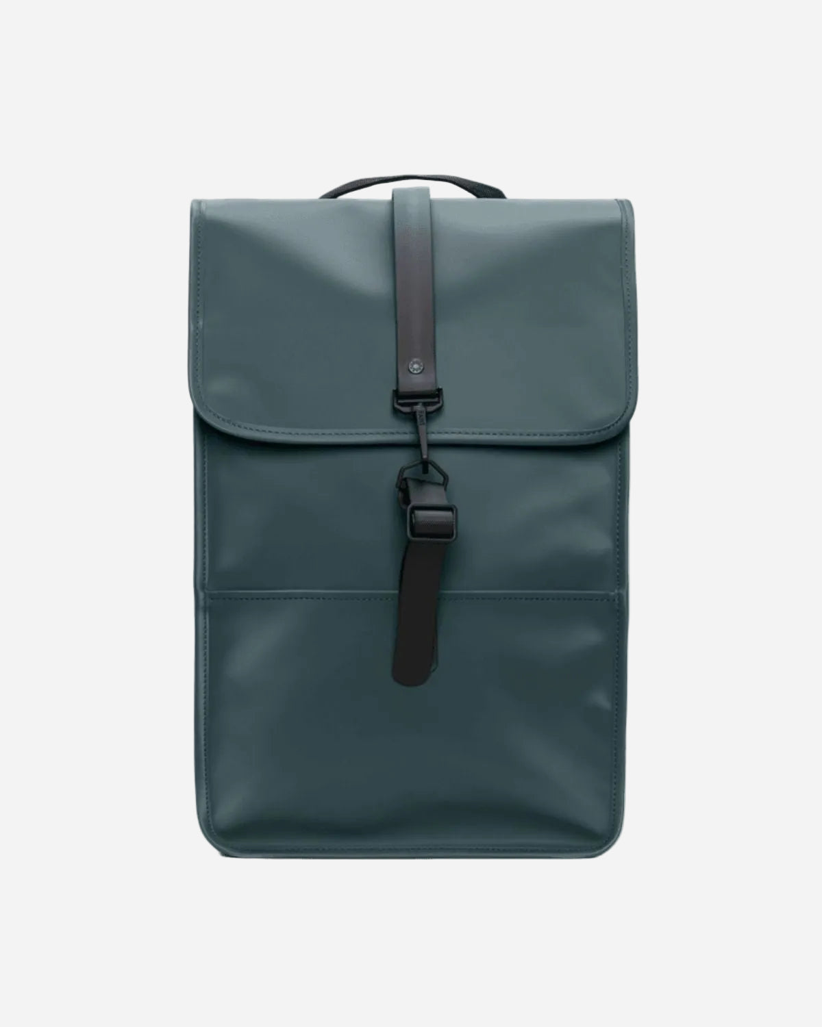 Green backpack with a black strap on a white background