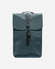 Green backpack with a black strap on a white background