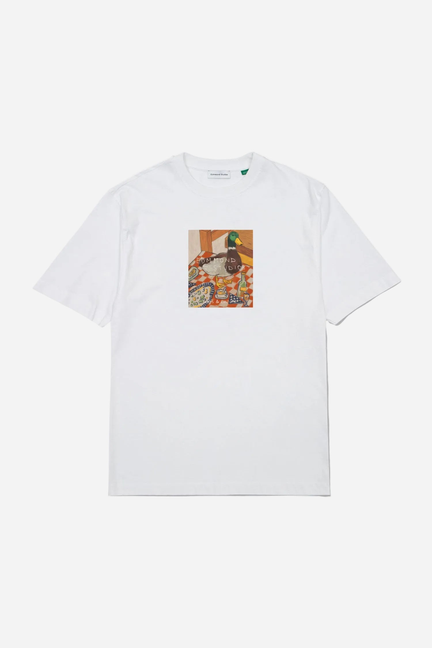 White t-shirt with a graphic of a DUCK in a colorful setting on a white background