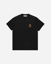 Black t-shirt with a small graphic on the chest against a white background