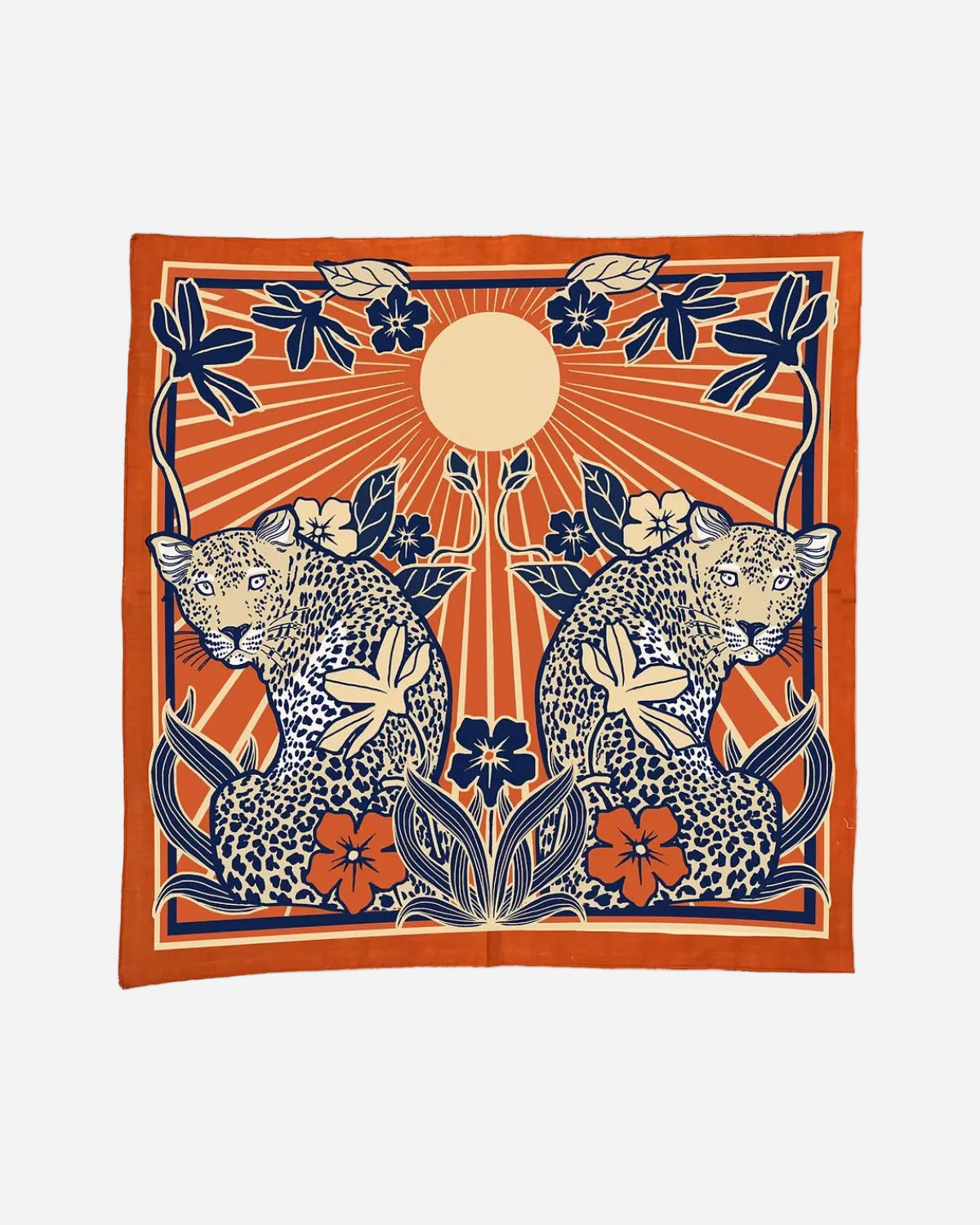 Decorative SCARF with leopards, flowers, and a sun design on an orange background