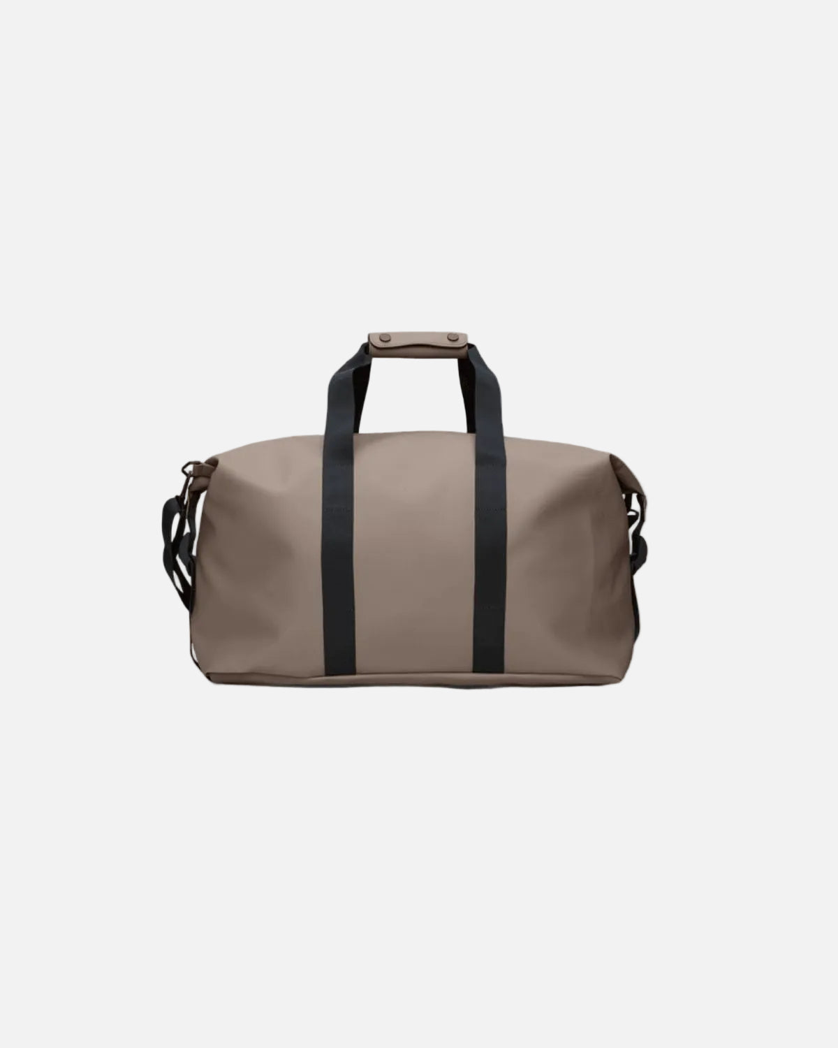 Beige duffel bag with black straps on a light gray background