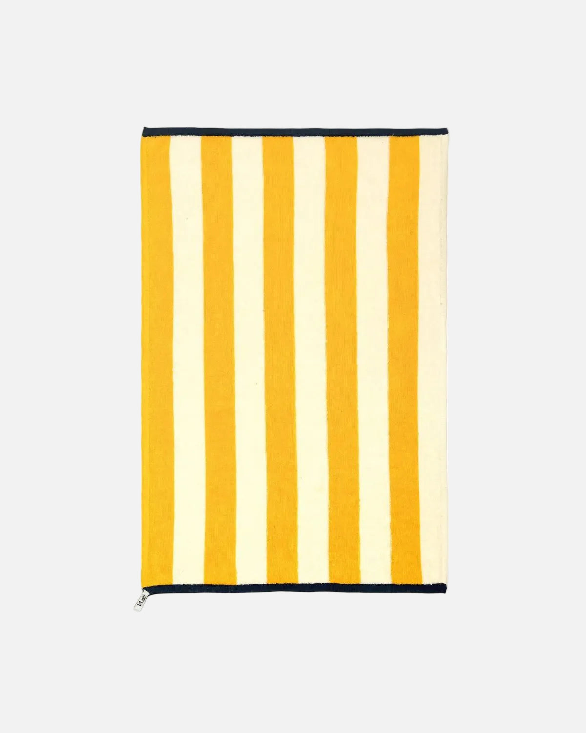 A rectangular striped towel or blanket with alternating mustard yellow and cream vertical stripes, finished with black trim at the top and bottom, shown flat against a white background.