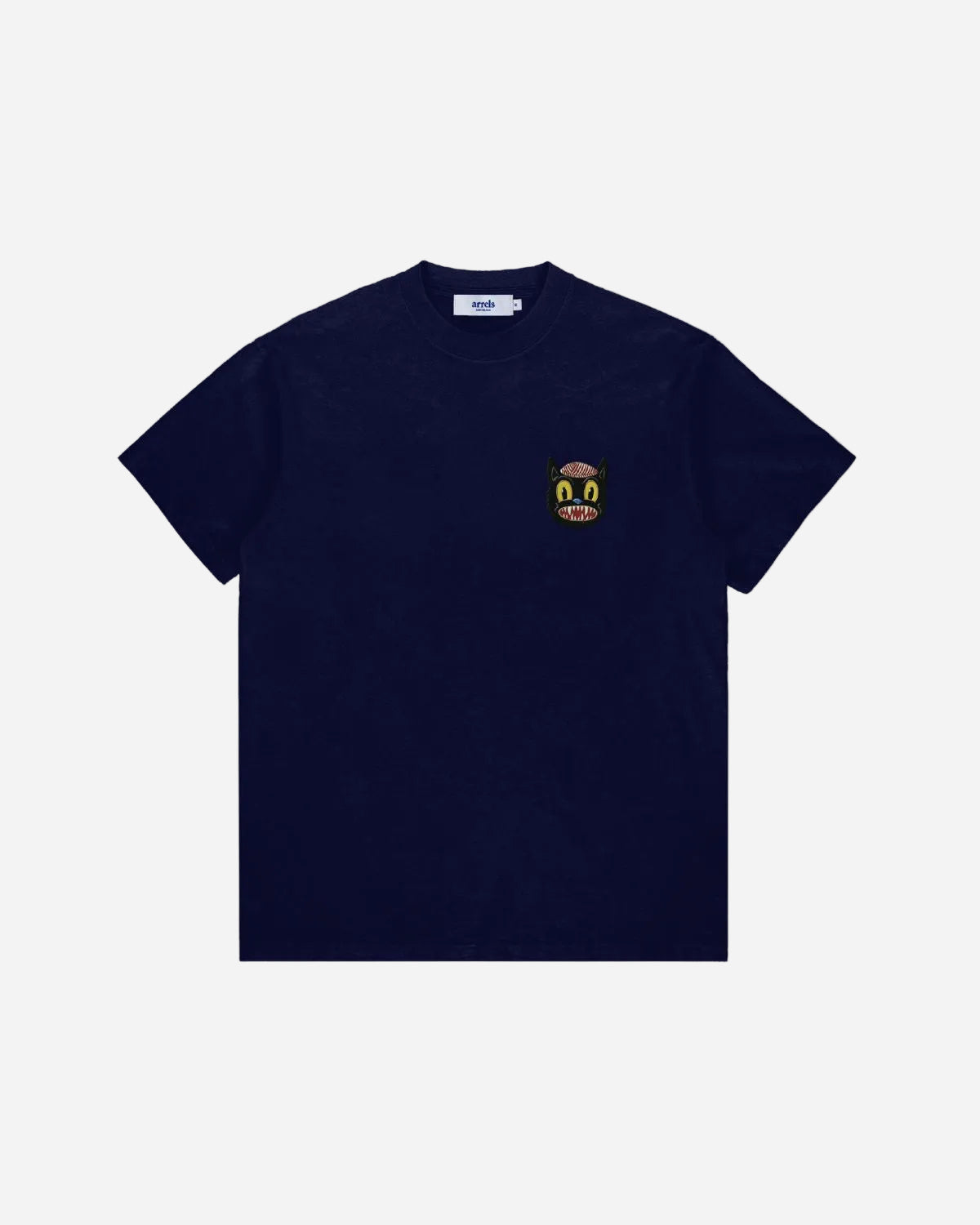 Navy blue t-shirt with a small graphic on the chest against a white background