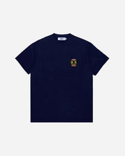 Navy blue t-shirt with a small graphic on the chest against a white background