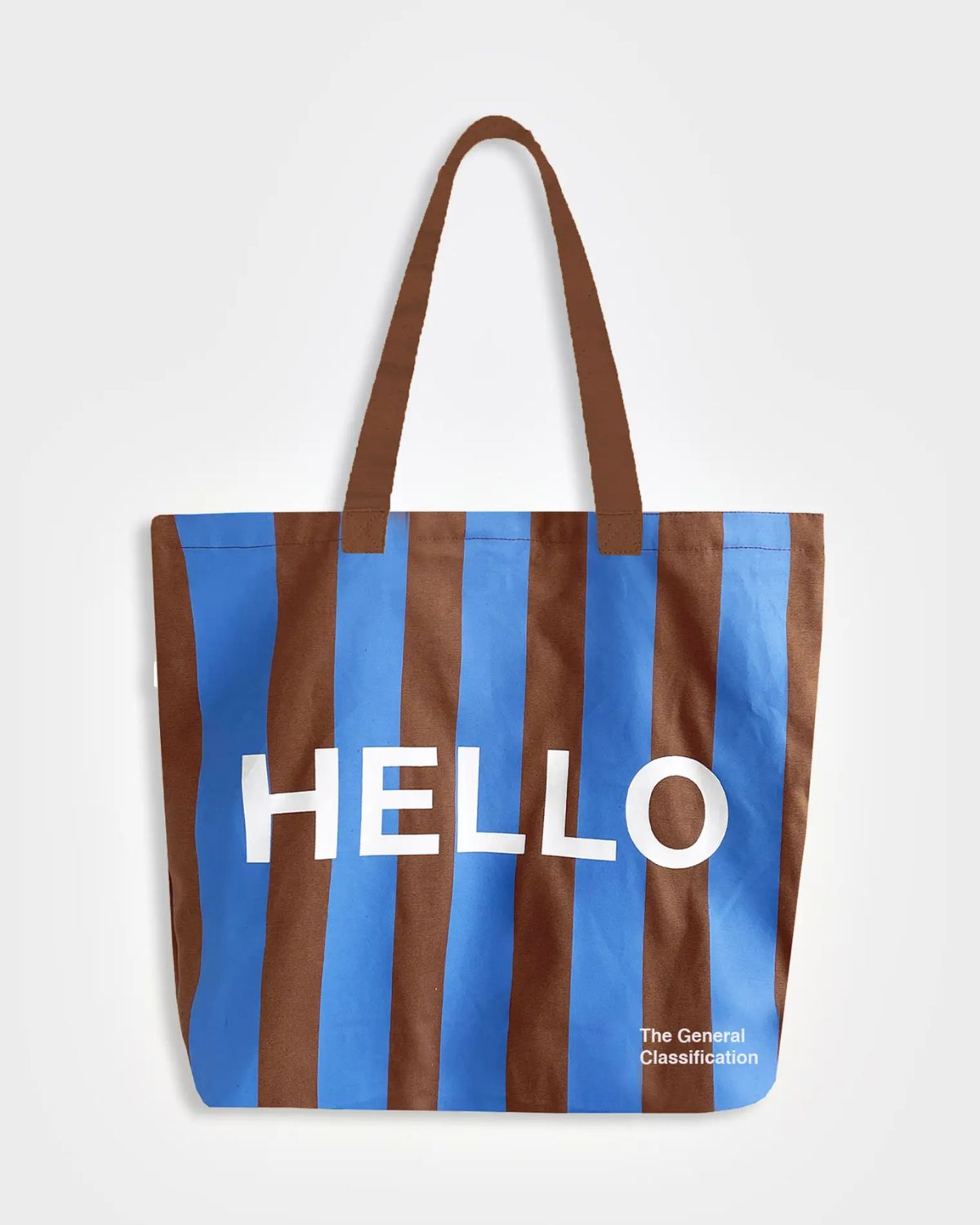 Tote bag with blue and brown stripes and 'HELLO' text on a white background
