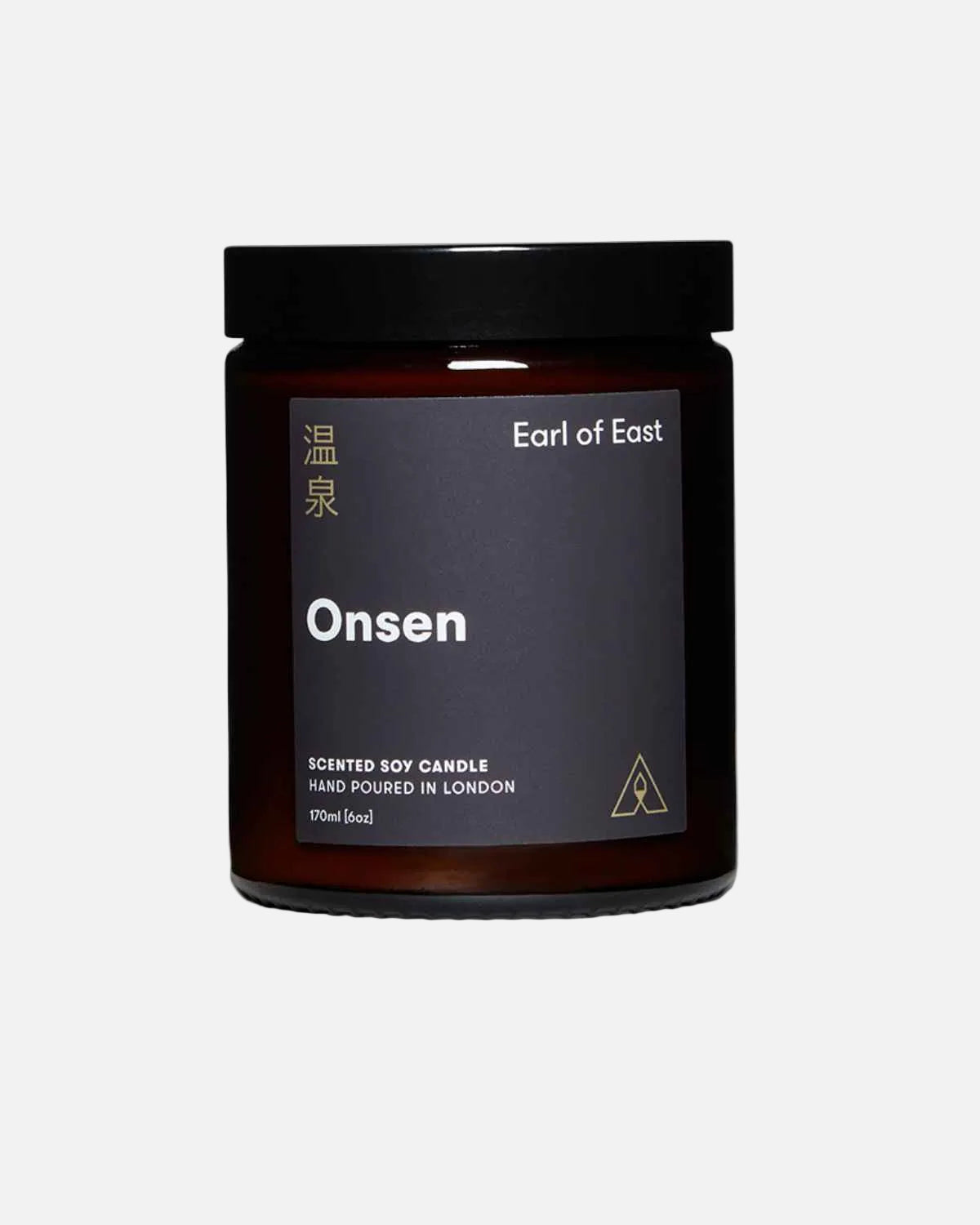 An amber glass jar candle with a black lid and a dark charcoal label. The label features the brand name 'Earl of East' and the scent name 'Onsen' in white text, with gold Chinese characters on the left side.