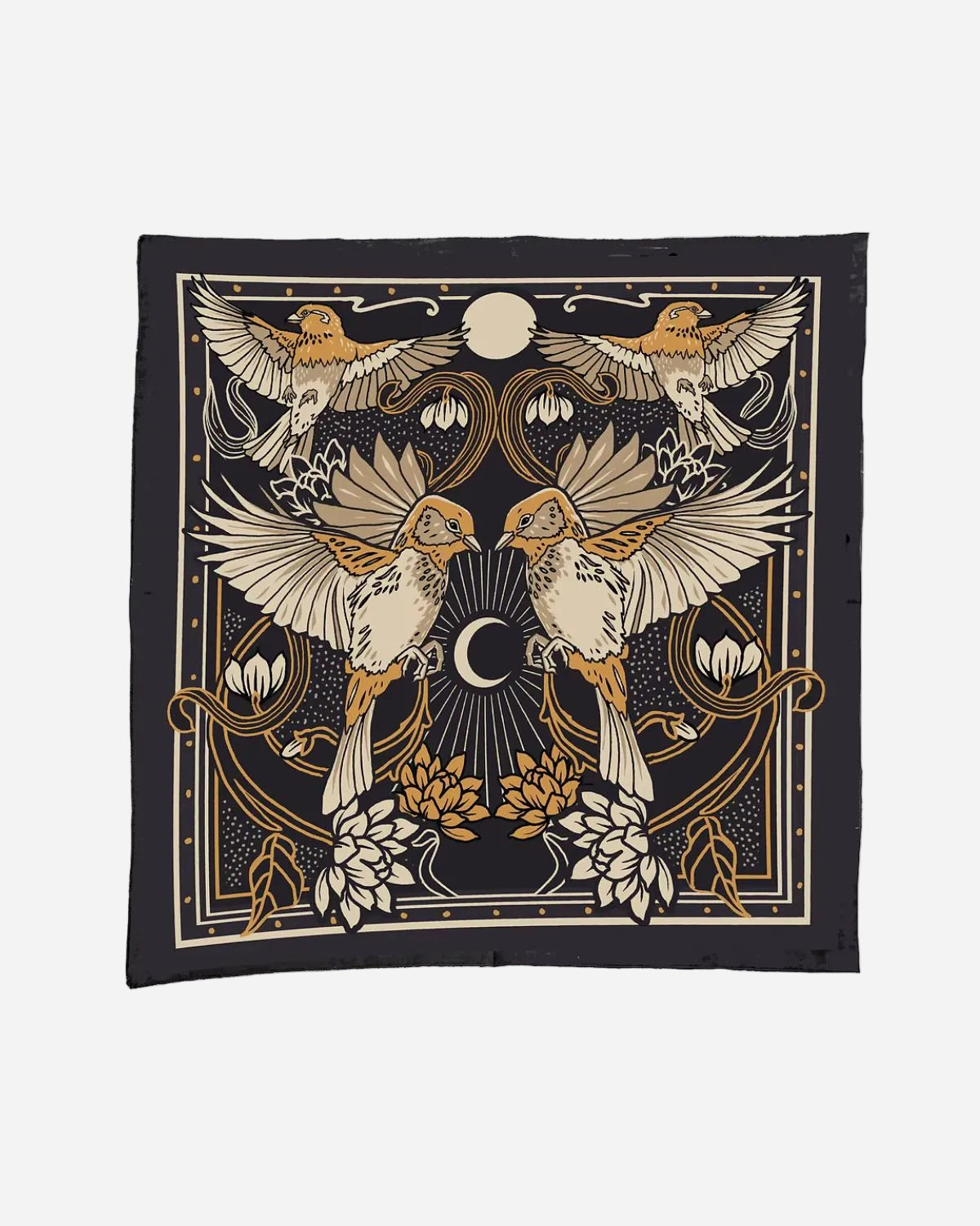 Decorative pillow with bird and floral design on a black background