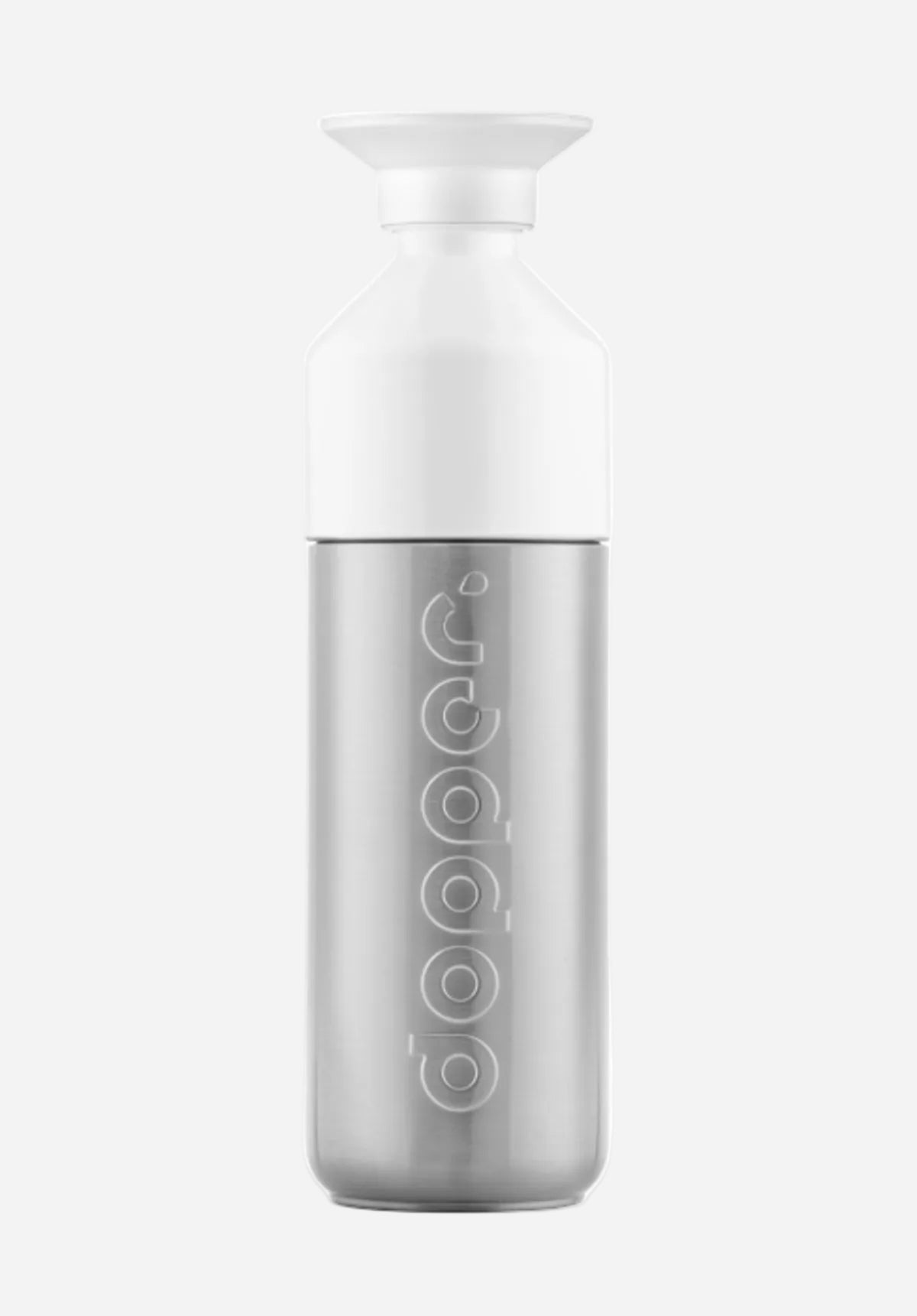 White and silver bottle with 'dopper' branding on a white background