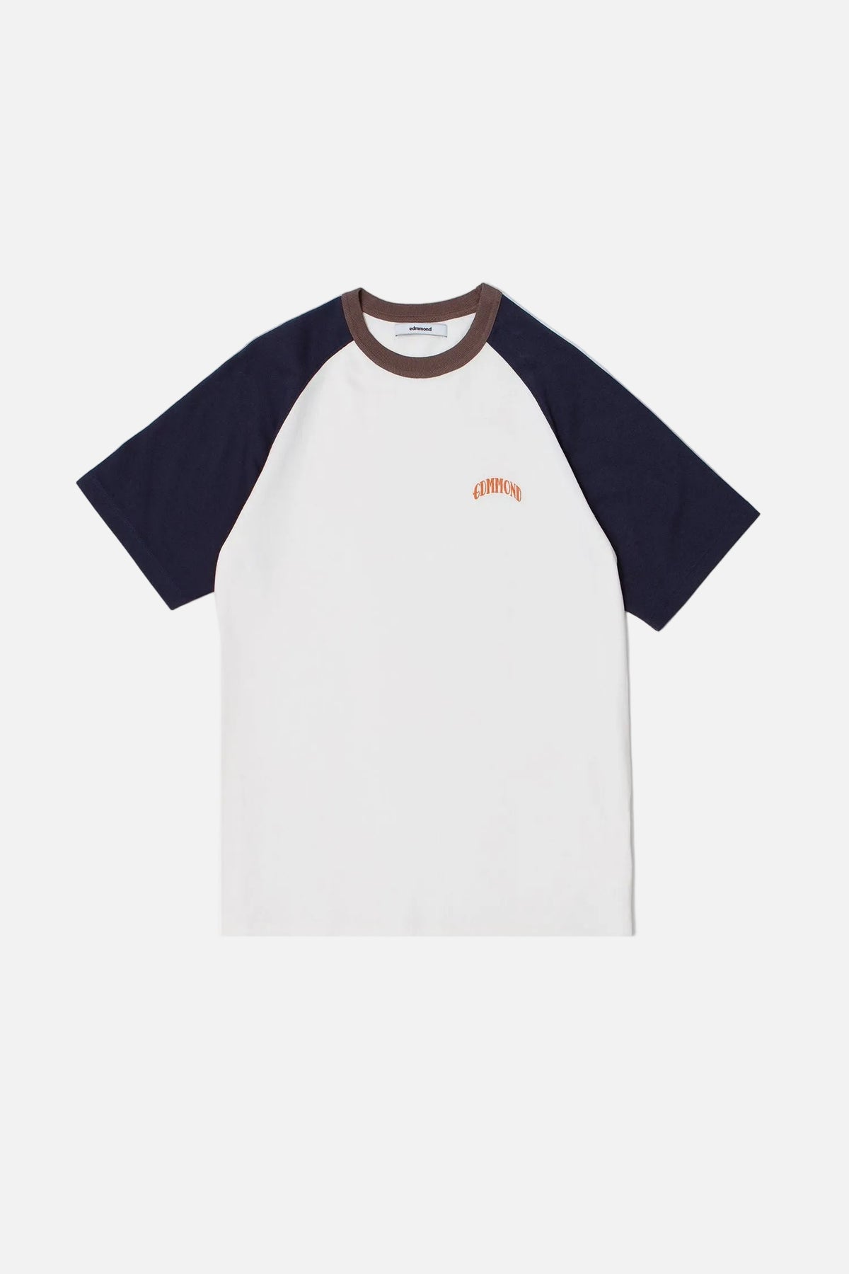 Baseball-style t-shirt with navy sleeves and white body on a light gray background