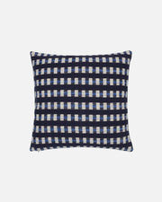 A square throw pillow featuring a woven navy blue, white, and light blue gingham pattern, shown against a plain white background.