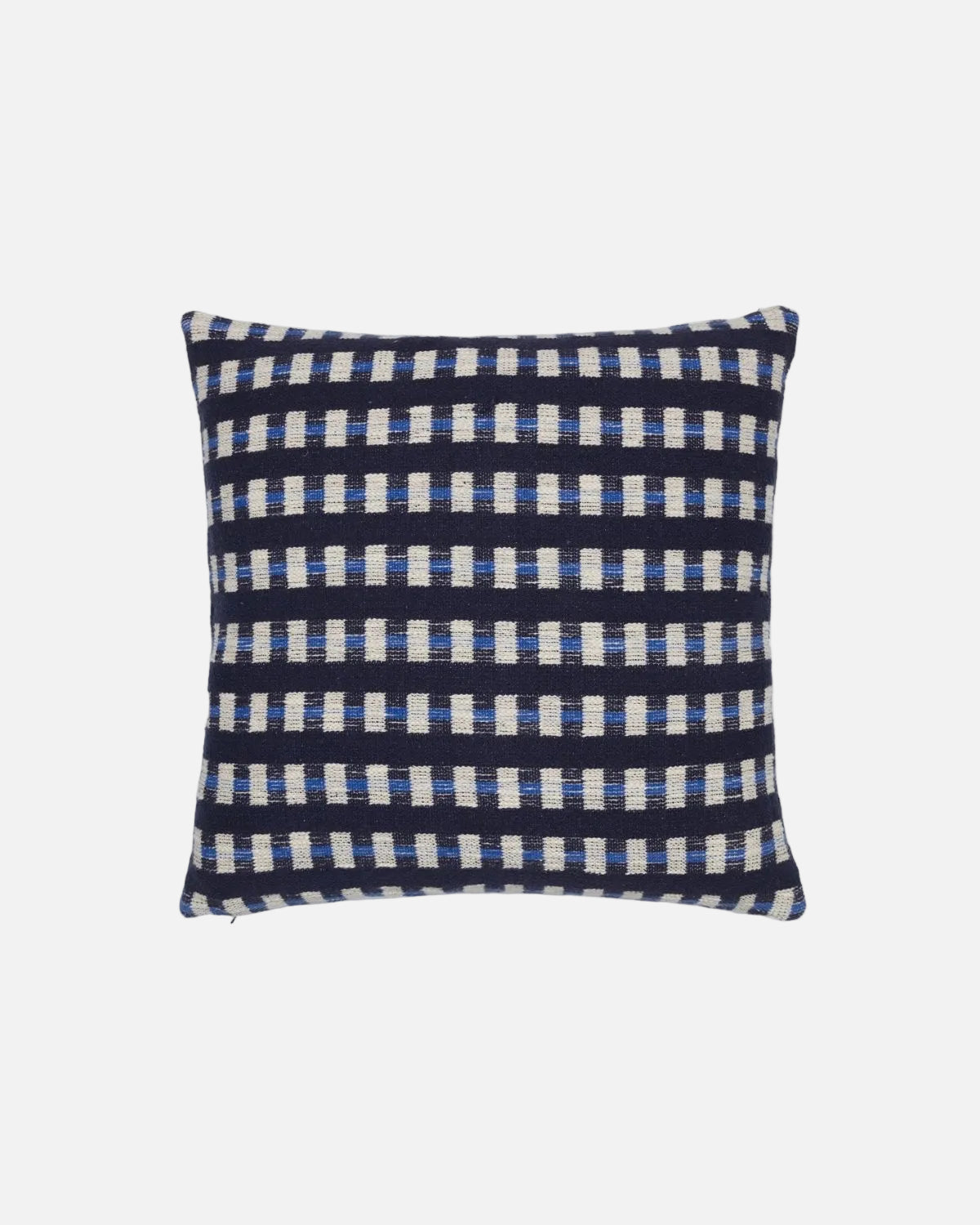 A square throw pillow featuring a woven navy blue, white, and light blue gingham pattern, shown against a plain white background.